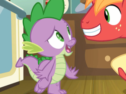 Size: 960x720 | Tagged: safe, screencap, big macintosh, spike, dragon, pony, g4, the break up breakdown, claws, cropped, duo, male, oven, smiling, stallion