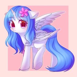 Size: 1080x1080 | Tagged: safe, artist:leafywind, oc, oc only, alicorn, pony, abstract background, alicorn oc, colored pupils, ear fluff, female, floppy ears, flower, flower in hair, jewelry, looking at you, mare, pendant, raised leg, solo, spread wings, standing, starry eyes, underhoof, wingding eyes, wings