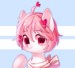 Size: 1600x1450 | Tagged: safe, artist:leafywind, oc, oc only, pony, abstract background, bust, clothes, colored pupils, ear fluff, female, heart, looking at you, mare, portrait, scarf, smiling, solo, starry eyes, wingding eyes