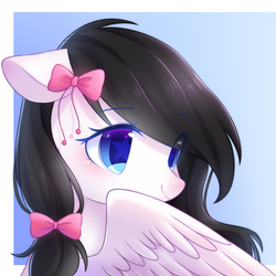 Size: 1800x1800 | Tagged: safe, artist:leafywind, oc, oc only, pegasus, pony, abstract background, bow, colored pupils, cute, eye clipping through hair, female, floppy ears, hair bow, mare, smiling, solo, spread wings, starry eyes, wingding eyes, wings