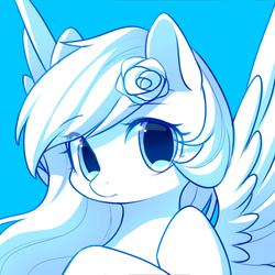 Size: 1000x1000 | Tagged: safe, artist:leafywind, oc, oc only, pegasus, pony, blue, blue background, bust, female, flower, flower in hair, looking at you, mare, monochrome, simple background, solo, spread wings, white, wings