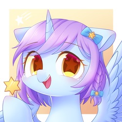 Size: 2000x2000 | Tagged: safe, artist:leafywind, oc, oc only, alicorn, pony, abstract background, alicorn oc, braid, bust, colored pupils, female, floppy ears, flower, flower in hair, high res, looking at you, mare, open mouth, portrait, raised hoof, smiling, solo, spread wings, starry eyes, stars, wingding eyes, wings