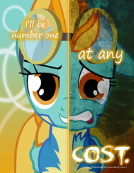 Size: 2000x2577 | Tagged: safe, artist:starbat, lightning dust, pony, two sided posters, g4, clothes, crying, despair, goggles, happy, heartbreak, high res, misery, sad, smiling, solo, text, uniform, wonderbolt trainee uniform