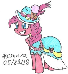 Size: 689x745 | Tagged: safe, artist:cmara, pinkie pie, earth pony, pony, g4, clothes, coronation dress, dress, female, hat, solo, traditional art