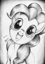 Size: 1650x2333 | Tagged: safe, artist:3500joel, pinkie pie, earth pony, pony, g4, cute, diapinkes, female, happy, monochrome, solo, traditional art