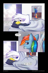 Size: 1255x1920 | Tagged: safe, artist:leyanor, gilda, rainbow dash, griffon, comic:the ritual, g4, bed, bedsheets, clothes, comic, mirror, plaid skirt, pleated skirt, skirt, toothbrush, toothpaste