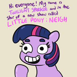 Size: 1650x1650 | Tagged: safe, artist:tjpones edits, edit, twilight sparkle, earth pony, pony, g4, calarts, dialogue, earth pony twilight, female, g5 concept leaks, grinning potato, mare, meme, my little pony: neigh, neigh, open mouth, pointing, race swap, simple background, sitting, smiling, solo, thin-line style, thundercats roar, twilight sparkle (g5 concept leak), wingless, wingless edit