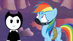 Size: 1136x640 | Tagged: safe, artist:toucanldm, rainbow dash, g4, bendy, bendy and the ink machine, cuphead, cuphead meets mlp, frightened, gag, muzzle gag, punishment, ropes, screenshots, tied up, underworld, youtube link