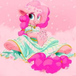 Size: 3000x3000 | Tagged: source needed, safe, artist:dimfann, color edit, edit, editor:seiken, pinkie pie, earth pony, pony, g4, beautiful, bouquet, bride, clothes, colored, cute, diapinkes, dress, female, floppy ears, floral head wreath, flower, flower in hair, frog (hoof), high res, hoof hold, looking at you, looking sideways, mare, sitting, smiling, solo, spread legs, spreading, underhoof, wedding dress