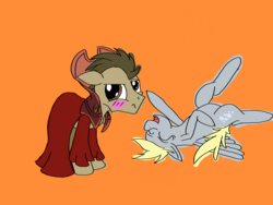 Size: 2048x1536 | Tagged: safe, artist:sixes&sevens, derpibooru exclusive, derpy hooves, doctor whooves, time turner, earth pony, pegasus, pony, g4, blushing, doctor who, duo, embarrassed, female, laughing, male, mare, orange background, robes, simple background, stallion, time lord