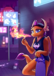 Size: 1024x1448 | Tagged: safe, artist:loneless-art, smolder, dragon, anthro, g4, breasts, busty smolder, cap, city, claws, clothes, dragon wings, dragoness, drugs, female, fire, fire breath, hat, joint, longboard, marijuana, rebel, skateboard, solo, tank top, town, wings