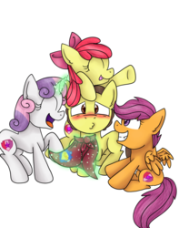 Size: 1024x1229 | Tagged: safe, artist:fennelynthefennekin1, apple bloom, pony morty, scootaloo, sweetie belle, earth pony, pegasus, pony, unicorn, g4, grannies gone wild, blushing, cape, clothes, cmc cape, cutie mark crusaders, morty smith, ponified, rick and morty, simple background, tongue out, transparent background