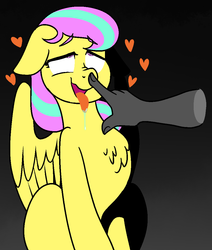 Size: 925x1090 | Tagged: safe, artist:/d/non, oc, oc only, oc:star shower, human, pegasus, pony, ahegao, boop, chest fluff, drool, female, floppy ears, gradient background, gray background, hand, heart, lewd, mare, nose wrinkle, open mouth, simple background, smiling, solo focus, tongue out