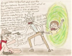 Size: 1095x850 | Tagged: safe, artist:brogararts, oc, oc only, oc:brogar, earth pony, human, pony, at gunpoint, gun, male, morty smith, portal, rick and morty, rick sanchez, story included, threatening, weapon