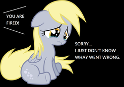 Size: 1460x1024 | Tagged: safe, derpy hooves, pegasus, pony, g4, the break up breakdown, abuse, black background, derpybuse, downvote bait, female, fired, i just don't know what went wrong, mare, op is a duck, op is trying to start shit, sad, simple background
