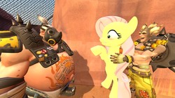 Size: 1366x768 | Tagged: safe, artist:thecrucifieddevil, fluttershy, g4, 3d, crossover, gmod, junkrat, overwatch, roadhog (overwatch)