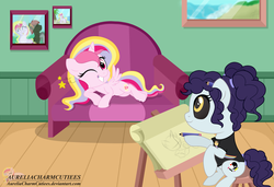 Size: 2780x1902 | Tagged: safe, artist:raspberrystudios, oc, oc only, oc:aurelia charm, alicorn, pony, alicorn oc, chibi, commission, couch, draw me like one of your french girls, drawing, easel, interior, pose, sketching