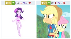 Size: 1035x577 | Tagged: safe, artist:charliexe-edits, edit, edited screencap, screencap, applejack, fluttershy, rainbow dash, starlight glimmer, derpibooru, equestria girls, equestria girls specials, g4, my little pony equestria girls: better together, my little pony equestria girls: forgotten friendship, my little pony equestria girls: mirror magic, beach, beanie, belly button, bikini, clothes, cropped, duo, female, geode of super strength, hat, juxtaposition, magical geodes, meta, simple background, swimsuit, vector, white background