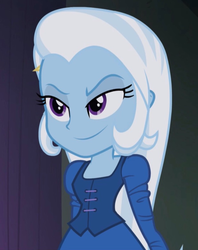Size: 620x782 | Tagged: safe, screencap, trixie, equestria girls, g4, rainbow rocks, clothes, cropped, dress, evil grin, female, grin, smiling, solo