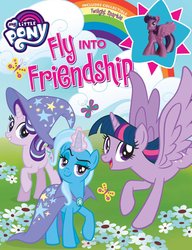 Size: 1399x1823 | Tagged: safe, starlight glimmer, trixie, twilight sparkle, alicorn, butterfly, pony, unicorn, g4, my little pony: fly into friendship, no second prances, official, accessory swap, book, cape, cardboard twilight, clothes, female, flower, hat, irl, looking at you, magic, mare, merchandise, my little pony logo, open mouth, photo, rainbow, smiling, starlight wearing trixie's hat, toy, trio, trixie's cape, trixie's hat, twilight sparkle (alicorn)