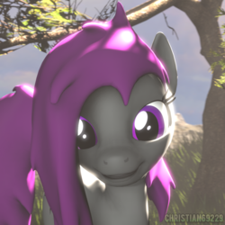 Size: 1024x1024 | Tagged: safe, artist:christian69229, oc, oc only, oc:mystery hyperpurple, earth pony, pony, 3d, bust, looking at you, portrait, smiling, solo, source filmmaker