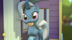 Size: 1024x576 | Tagged: safe, artist:okimichan, trixie, pony, g4, 3d, cookie, cute, diatrixes, female, food, mouth hold, solo