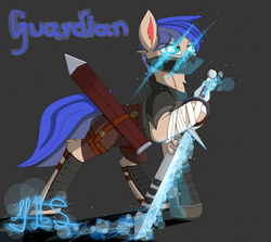 Size: 2353x2100 | Tagged: safe, artist:moonlightstrange, oc, oc only, earth pony, pony, bandage, clothes, face mask, glowing eyes, gray background, guardian, high res, magic, scabbard, simple background, solo, sword, total war, weapon