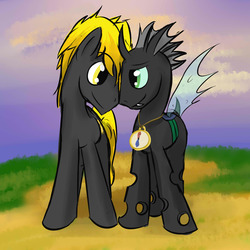 Size: 2000x2000 | Tagged: safe, artist:fuzebox, oc, oc only, oc:nictis, oc:spark wheel, changeling, earth pony, pony, fanfic:without a hive, changeling oc, duo, fanfic art, gay, high res, male, smiling, stallion