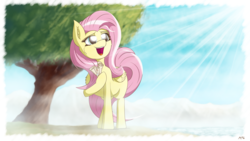 Size: 6400x3600 | Tagged: safe, artist:maneingreen, fluttershy, pegasus, pony, g4, crepuscular rays, female, mare, scroll, singing, solo, sun, tree