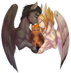 Size: 2550x2613 | Tagged: safe, artist:askbubblelee, oc, oc only, oc:dove (askbubblelee), oc:singe, oc:smokescreen, pegasus, pony, colt, eyes closed, family, female, high res, male, mare, simple background, smiling, stallion, transparent background