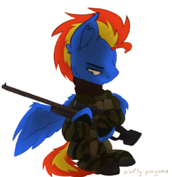 Size: 1613x1664 | Tagged: dead source, safe, artist:airfly-pony, oc, oc only, oc:wing hurricane, pegasus, pony, rcf community, armor, armor skirt, blue eyes, clothes, crossover, digital art, gun, looking down, male, pants, red mane, red tail, s.t.a.l.k.e.r., sad, saddle, simple background, sketch, solo, stallion, tack, traditional art, weapon, white background, wings, wings down