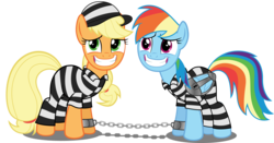 Size: 1720x900 | Tagged: safe, artist:spellboundcanvas, applejack, rainbow dash, earth pony, pegasus, pony, g4, baseball cap, bound together, bound wings, chains, clothes, forced smile, grin, hat, innocent look, prison, prison outfit, prison stripes, prisoner, prisoner aj, prisoner rd, shackles, simple background, smiling, transparent background, wing cuffs