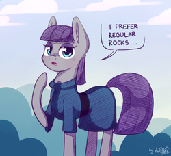 Size: 2304x2101 | Tagged: safe, artist:dsp2003, maud pie, earth pony, pony, g4, blushing, clothes, cloud, comic, cute, dialogue, eyeshadow, female, high res, looking at you, makeup, mare, maudabetes, open mouth, raised hoof, single panel, sketch, sky, solo