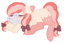 Size: 515x346 | Tagged: safe, artist:adostume, oc, oc only, pony, blushing, bow, hair bow, plushie, simple background, smiling, solo, tail bow, teddy bear, transparent background