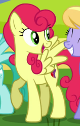 Size: 300x475 | Tagged: safe, screencap, cloud kicker, strawberry sunrise, pegasus, pony, g4, hurricane fluttershy, background pony, cropped, female, mare, open mouth, raised hoof, smiling, solo focus, spread wings