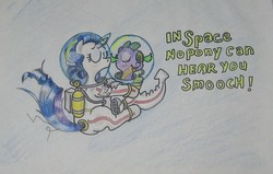 Size: 693x440 | Tagged: safe, artist:hillbe, rarity, spike, g4, astronaut, cute, female, helmet, kissing, male, ship:sparity, shipping, space, spacesuit, straight, text, traditional art