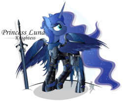 Size: 1600x1315 | Tagged: safe, alternate version, artist:aleriastarlight, princess luna, alicorn, pony, armor, badass, boots, clothes, crossover, cutie mark background, dark souls, digital art, epic, ethereal mane, female, knight, leggings, mare, sad, shoes, signature, simple background, solo, starry mane, sword, text, transparent background, vector, weapon, wing armor, wingding eyes