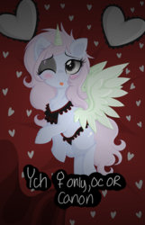 Size: 2250x3500 | Tagged: safe, artist:darkest-lunar-flower, :p, auction, bedroom eyes, commission, cute, heart, high res, lying on bed, sexy, tongue out, your character here