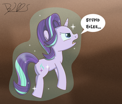 Size: 2000x1695 | Tagged: safe, artist:trackheadtherobopony, starlight glimmer, pony, unicorn, g4, annoyed, female, hole, levitation, magic, self-levitation, signature, solo, telekinesis, text