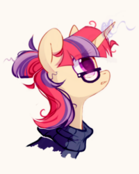 Size: 800x1000 | Tagged: safe, artist:mirtash, moondancer, pony, unicorn, rcf community, g4, bust, clothes, female, glasses, looking at something, looking up, mare, simple background, solo, sweater, white background