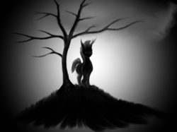 Size: 2732x2048 | Tagged: safe, artist:daisyazuras, tempest shadow, pony, unicorn, g4, backlighting, broken horn, dark, female, grayscale, high res, horn, monochrome, silhouette, solo, tree