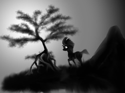 Size: 3000x2249 | Tagged: safe, artist:daisyazuras, tempest shadow, pony, unicorn, g4, backlighting, broken horn, dark, female, grayscale, high res, horn, monochrome, silhouette, solo, tree