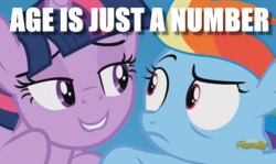 Size: 1037x617 | Tagged: safe, rainbow dash, twilight sparkle, alicorn, pegasus, pony, g4, discovery family logo, image macro, lidded eyes, meme, stranger danger, this will end in jail time, twilest dashle, twilight is a foal fiddler, twilight sparkle (alicorn)