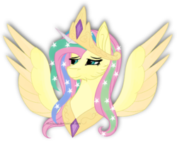 Size: 780x622 | Tagged: safe, artist:sharkeep, fluttershy, alicorn, pony, g4, big crown thingy, bust, cosplay, costume, ethereal mane, jewelry, princess fluttershy, regalia, shylestia, simple background, spread wings, starry mane, transparent background, wings