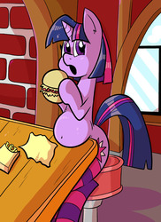Size: 576x792 | Tagged: safe, artist:pembroke, twilight sparkle, pony, unicorn, g4, belly, burger, clothes, eating, fat, female, food, hay burger, mare, socks, solo, striped socks, thigh highs, thighlight sparkle, thunder thighs, twilard sparkle, twilight burgkle