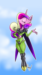 Size: 808x1440 | Tagged: safe, artist:quynzel, princess cadance, anthro, unguligrade anthro, g4, cell (dragon ball), crossover, dragon ball, dragon ball z, eyes closed, female, mare, perfect cell, smiling, solo