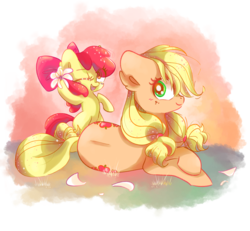 Size: 4259x3934 | Tagged: safe, artist:pinkablue, apple bloom, applejack, earth pony, pony, g4, bow, crossed hooves, cutie mark, duo, ear fluff, female, filly, flower, flower in hair, hair bow, hatless, hoof hold, mare, missing accessory, on side, one eye closed, open mouth, petals, simple background, sisters, smiling, sparkly mane, transparent background