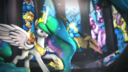 Size: 1920x1080 | Tagged: safe, artist:star-lightstarbright, applejack, fluttershy, pinkie pie, princess celestia, queen chrysalis, pony, g4, 3d, axe, magic, stained glass, weapon