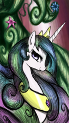 Size: 540x960 | Tagged: safe, alternate version, artist:colochenni, princess celestia, alicorn, pony, g4, bust, female, flower, jewelry, looking at you, mare, necklace, regalia, solo, tree