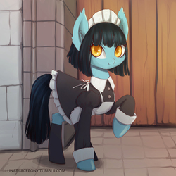 Size: 1200x1200 | Tagged: safe, artist:lunarlacepony, oc, oc only, oc:lunar lace, earth pony, pony, castle, clothes, cuffs (clothes), cute, dress, female, full color, interactive, kind, looking at you, maid, mare, night haze castle, raised hoof, smiling, solo, stockings, story, thigh highs